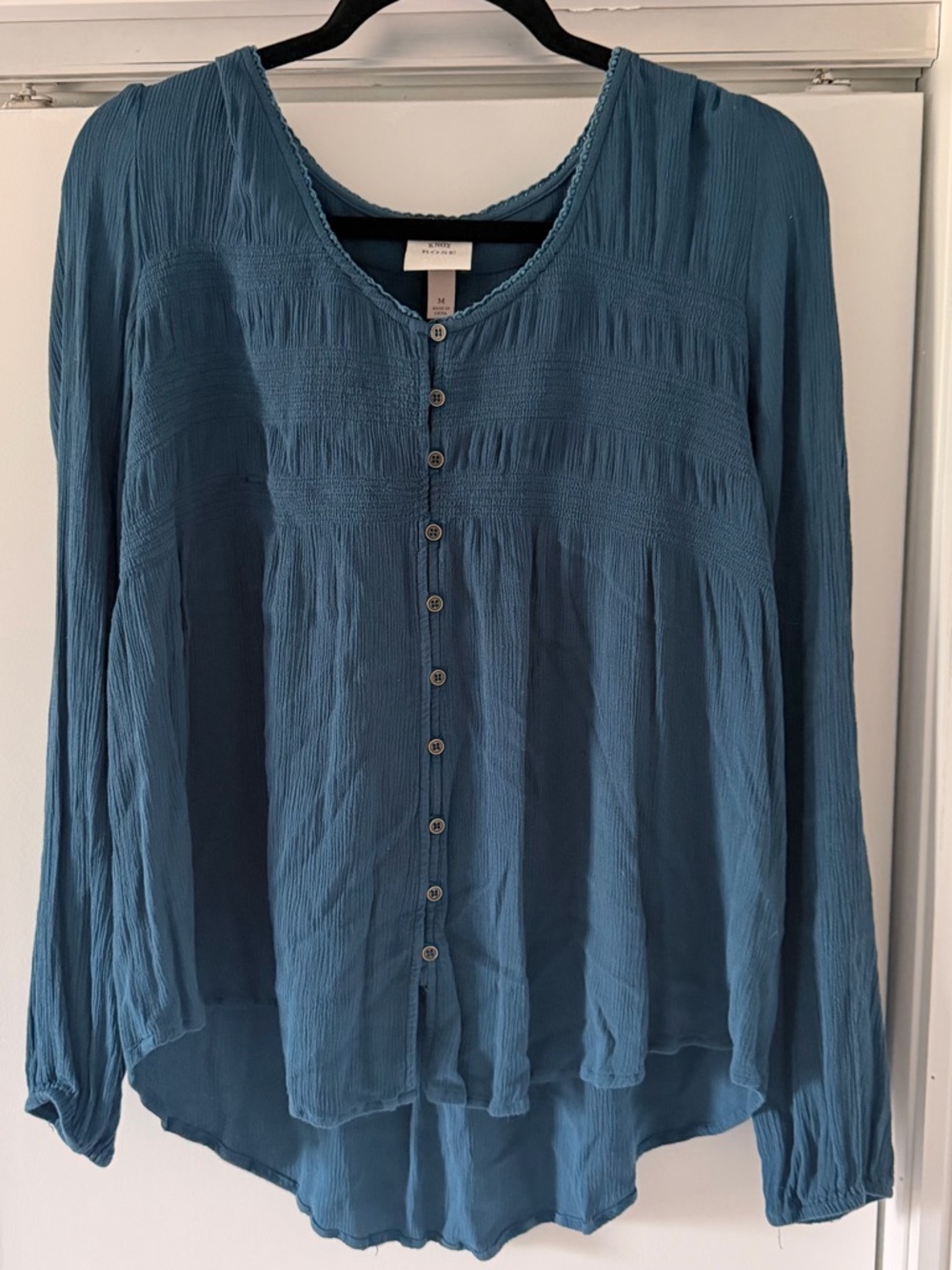 Knox Rose Teal Blue Button-Front Peasant Top